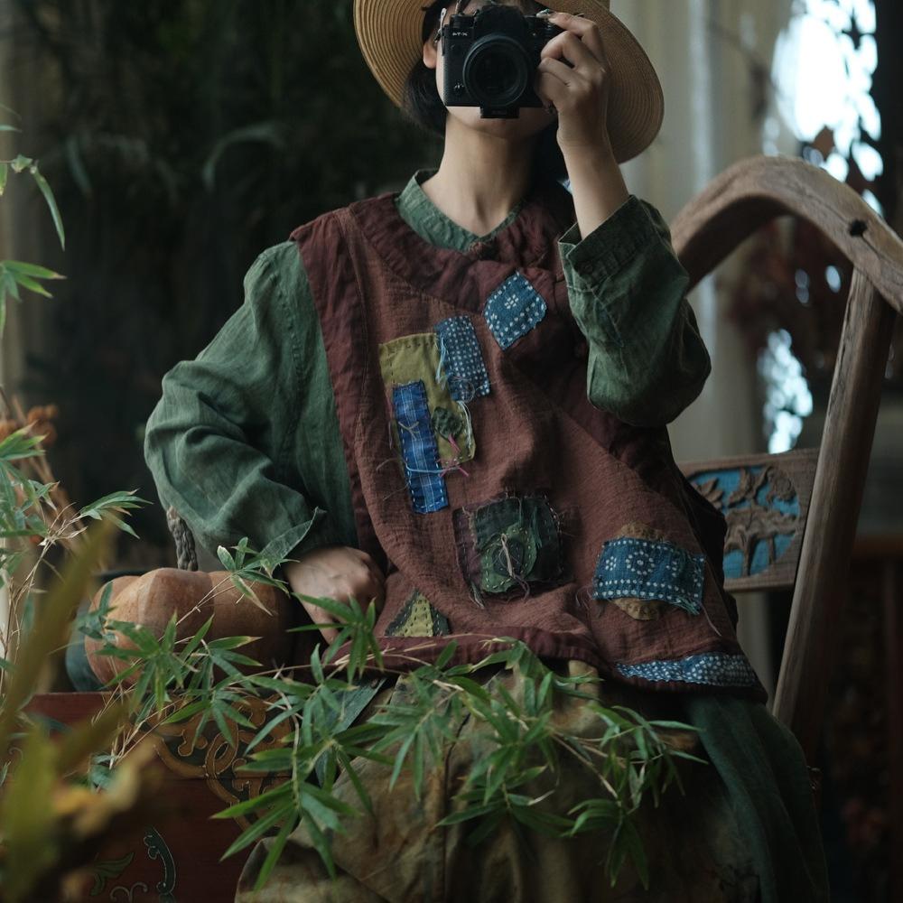 Johnature Veste de damă vintage, paltoane patchwork colorate, toamnă, cu nasturi, gât O, fără mâneci, largi