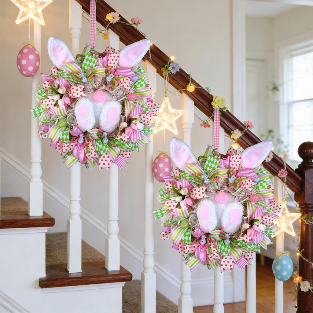 35cm Easter Wreath Fabric Bunny Door Hanging Wreath Linen Bow Door Decoration