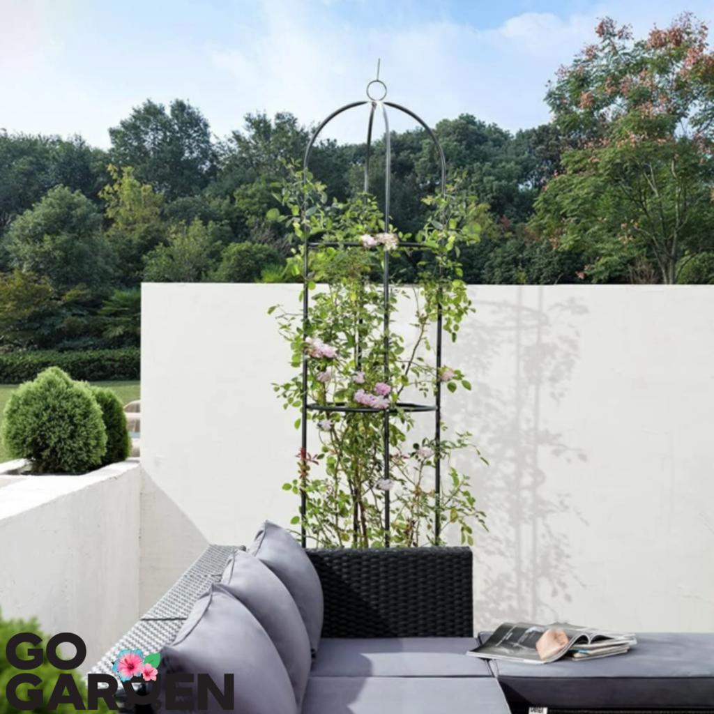 Metal tower garden pergola for climbers, roses, flowers, garden plants, metal