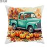1pc 2D Flat Throw Pillow Covers Autumn Pumpkin Truck Harvest Fall Seasonal Rustic Style Teal Orange Brown Soft Velvet Washable Pattern Pillow Covers F