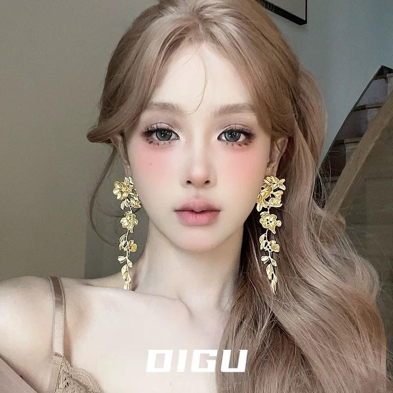 Rose petal earrings exaggerated fashion long fringed earrings women's high-end temperament versatile earrings