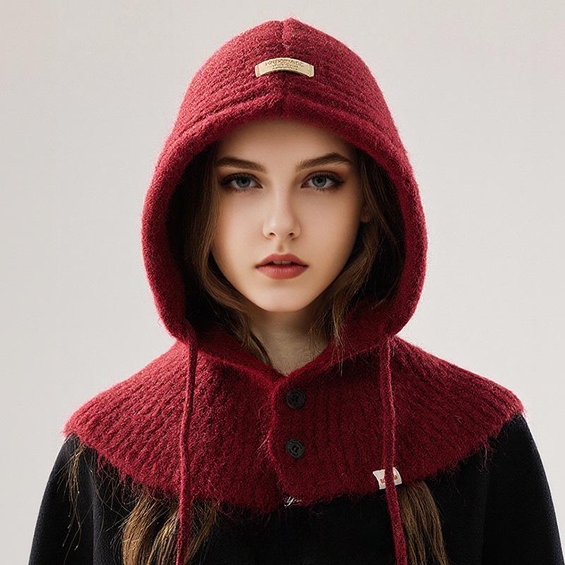 

Балаклава с большим обхватом головы для женщин на осень и зиму, новая вязаная шапка-капюшон, интегрированный теплый шарф для защиты ушей, шерстяная шапка