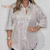 Damesblouse Revers Halve Mouw Enkelrijige Knoopsluiting Blouse Losvallend Pailletten Tops Middellang Design Casual Blouse