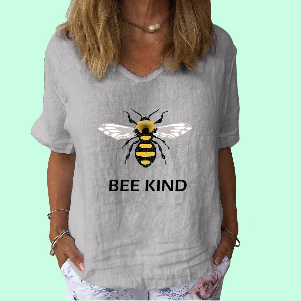 Women Fashion V Neck Short Sleeve Top Summer Casual Cotton Linen Shirt Ladies Print T-shirt