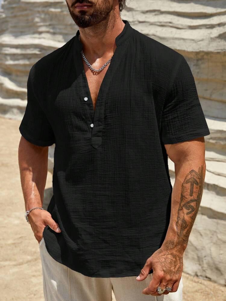 

Мужская повседневная футболка хенли с коротким рукавом и V-образным вырезом, в белую и светло-голубую полоску, дышащая смесь полиэстера, свободного кроя S чёрный