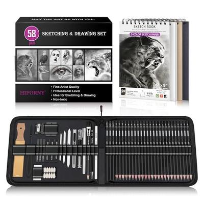HIFORNY 58-Piece Drawing Kit, Sketch Pencil Set, Art Supplies with 3-Color Sketchbook, Graphite, Charcoal, Blending Tools, and Drawing Pencils for Adu