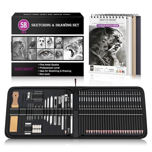 

HIFORNY 58-Piece Drawing Kit, Sketch Pencil Set, Art Supplies with 3-Color Sketchbook, Graphite, Charcoal, Blending Tools, and Drawing Pencils for Adu