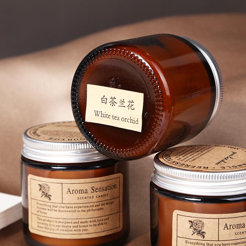 Small Brown Glass Aromatherapy Candle - Smokeless Rose Fragrance for Indoor Use