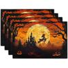Halloween Witch Linen Placemats Set Of 4 12x18 Inch Bat Castle Pumpkin Table Mat Heat-Resistant Washable Wipeable Place Mat