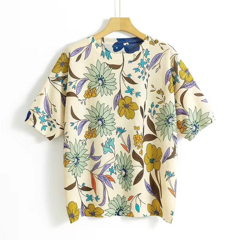 Womens Casual O Neck Knitted Short Sleeve Tops Spring Knitwear Pullovers Floral Printed Ladies Breathable TShirt