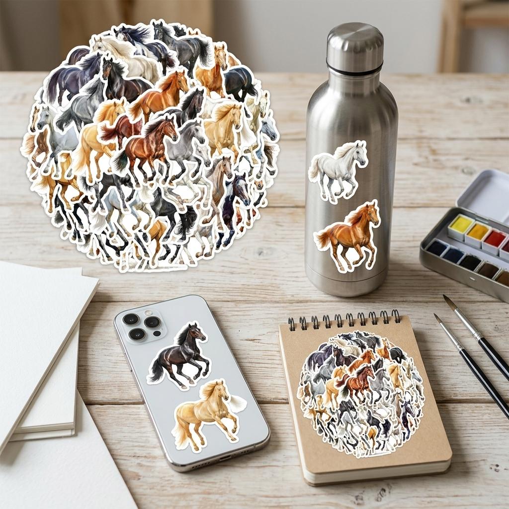 50Pcs Cute Horse Watercolor Stickers Waterproof Decals for Phone Cup Decoration