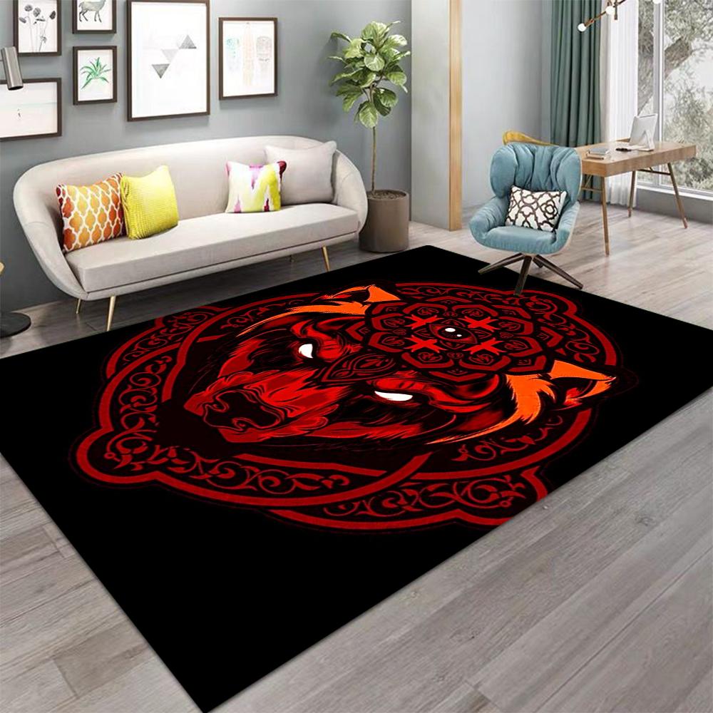 Viking Rune Wolf Pattern Area Rug Vintage-Themed Carpet Non-Slip for Office Bedroom Living Room Outdoor Cool Gift Decoration Mat