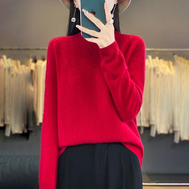 Cross-Border Autumn/Winter Women's Slim Fit Trendy Semi-High Neck Soft Knit Sweater.