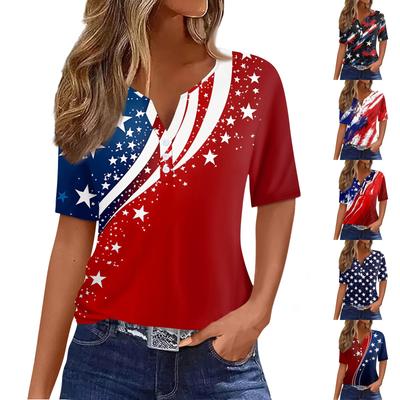 Dames T-shirt met Independence Day-print, knoopsluiting, korte mouwen, geschikt voor dagelijks gebruik, weekend, casual, basic, V-hals, regular top
