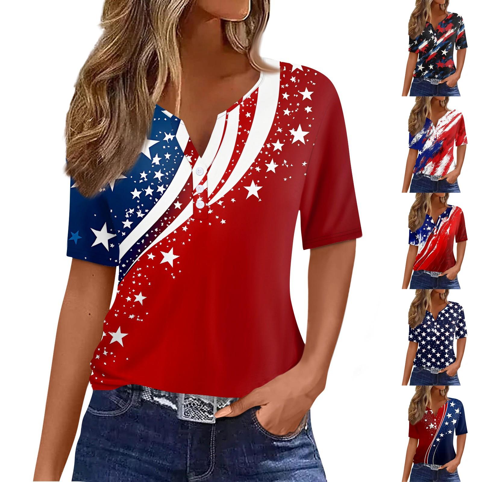 

Жіноча футболка з принтом до Дня Незалежності, на ґудзиках, з коротким рукавом, повсякденна, для вихідних, модна, базова, з V-подібним вирізом, звичайна L винний