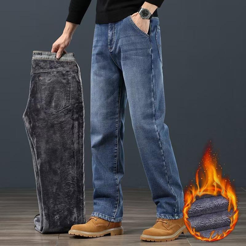 

Winter Fleece Men Jeans Classic Loose Straight Warm Thicken Trousers Business Casual Velvet Elastic Denim Pants Plus Size 42 44 28