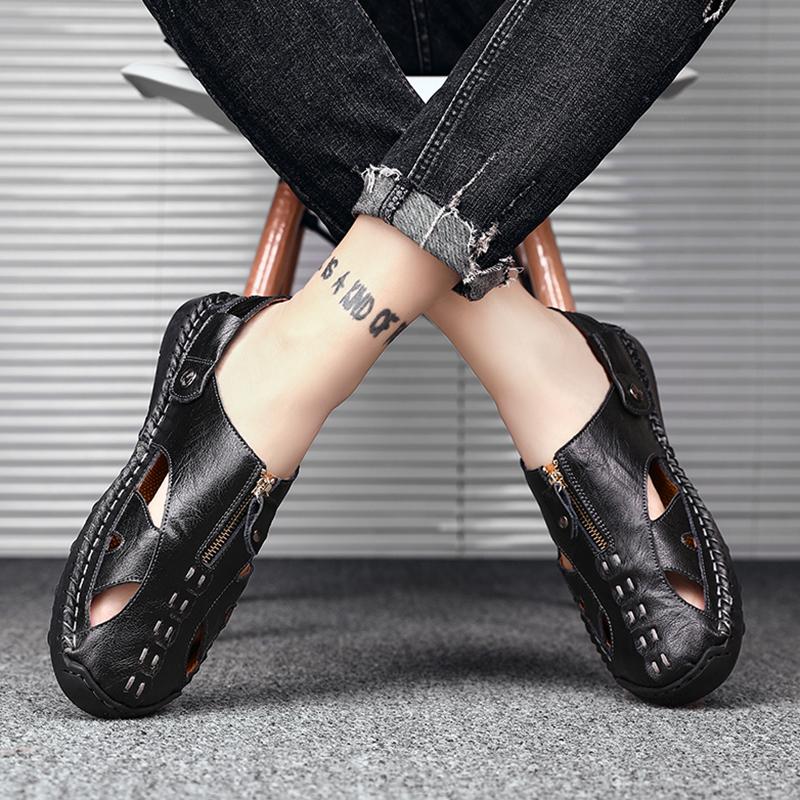 Men Outdoor Hiking Sandals Brown Leather Closed Toe Blue Beach Shoes Walking Handmade Sandals Plus Size