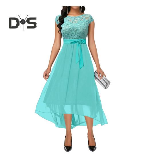 

Вечернее платье Круглый вырез Ажурное кружево V-образный вырез на спине Пояс Узкая талия Скрытая молния Неровный подол Двойные слои Однотонный короткий рукав Ретро S зелёный