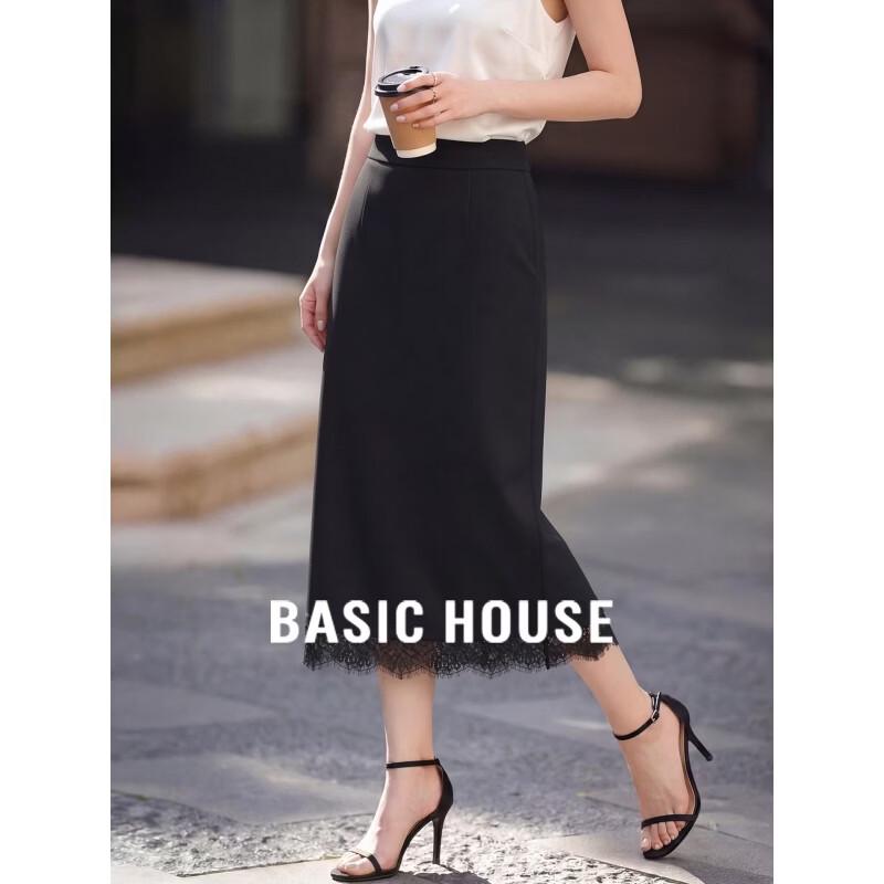 Basic House Women s Black Lace Trim High-Waist A-Line Midi Skirt S