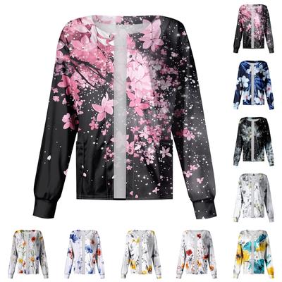 Dámská Ležérní Módní Dlouhý Rukáv Stojáček Jednobarevná Rostlinný Potisk Uniformní Bunda Top