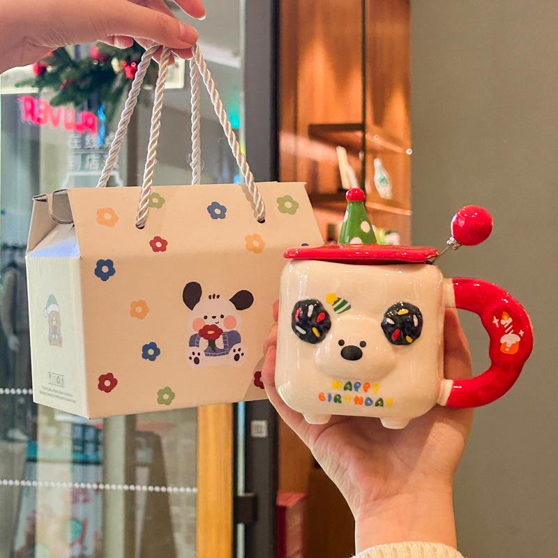 Birthday gift for girls Cute puppy cup Couple ceramic mug with lid Girlfriend souvenir gift box