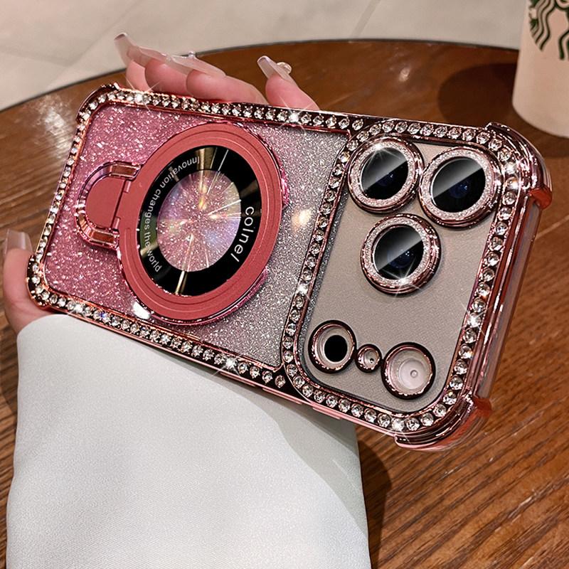 Glitter Diamond for Bracket Case for For Iphone 16 17 Pro Max 1 14 13 Camera Protector Holder Stand Bling Gradient Cover