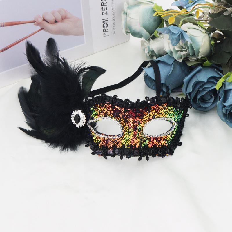 Feathers Sequins Half-Face Mask Masquerade  Removable Feather Decor Venetian Mask Halloween Cosplay Party Costume Accessory