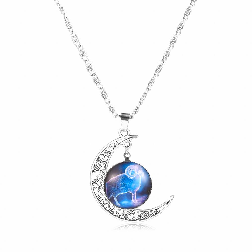 12 Zodiac Signs Glass Dome Crescent Moon Necklace for Women Aries Taurus Cancer Aquarius Pisces Necklace Fashion Party Jewelry