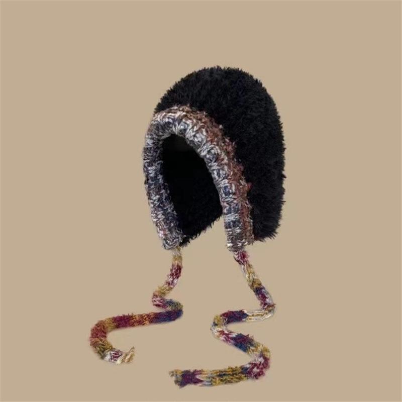 Fashion plush mixed-color knitted hat, warm, windproof, ear protection, wool hat, small and versatile headgear