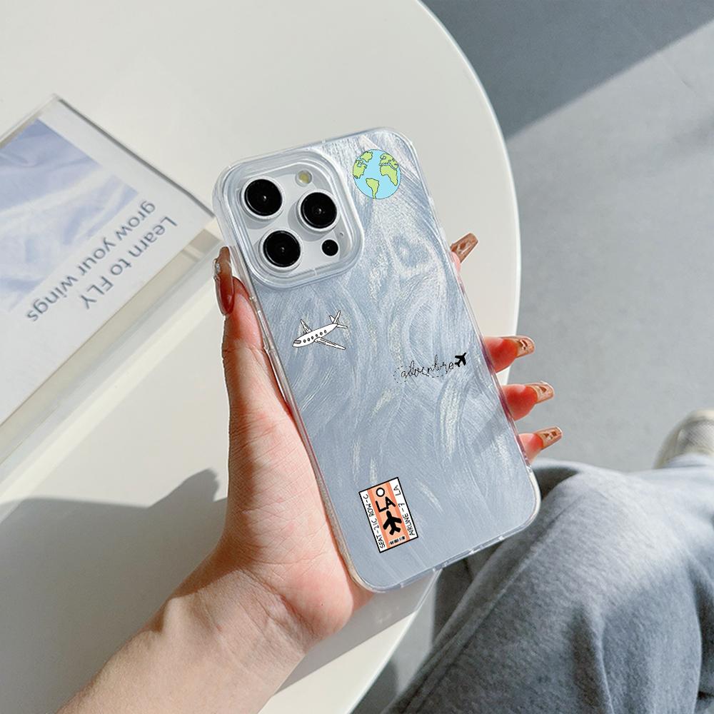 N68 Airplane flight trajectory art Clear Frame Case for Samsung S25 iPhone 16 Pro Max Xiaomi Redmi Note 13 Feather Chiffon Texture Silver Plated Cover