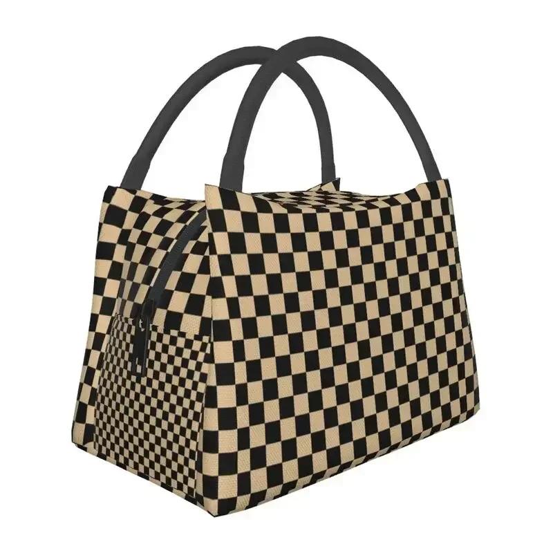Cute Checkerboard Cat Pattern Thermal Insulated Lunch Bags Women Checkered Lunch Tote for Outdoor Picnic Storage Meal Food Box