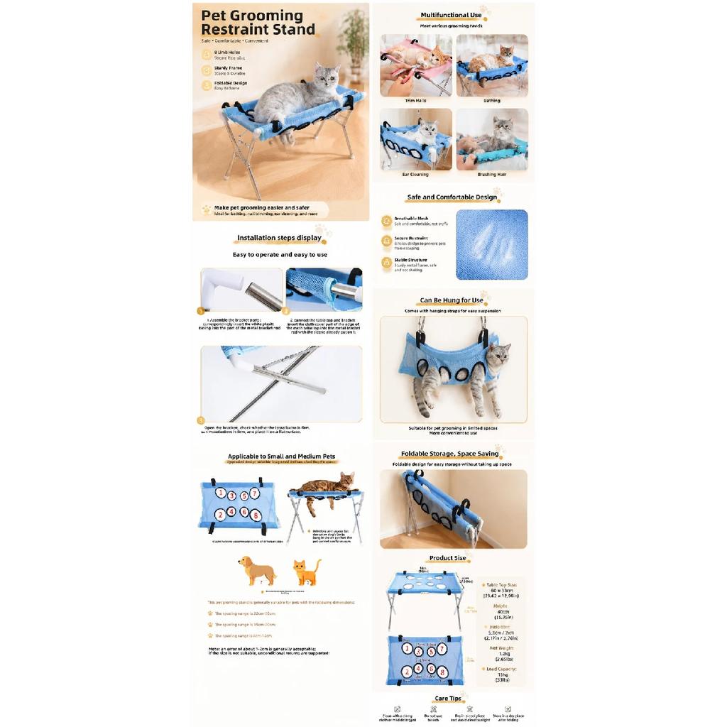 Portable Pet Grooming Bath Hammock Stand Adjustable Dog Cat Washing Restraint Mesh Support Rack Foldable Pet Bathing Drying Groo