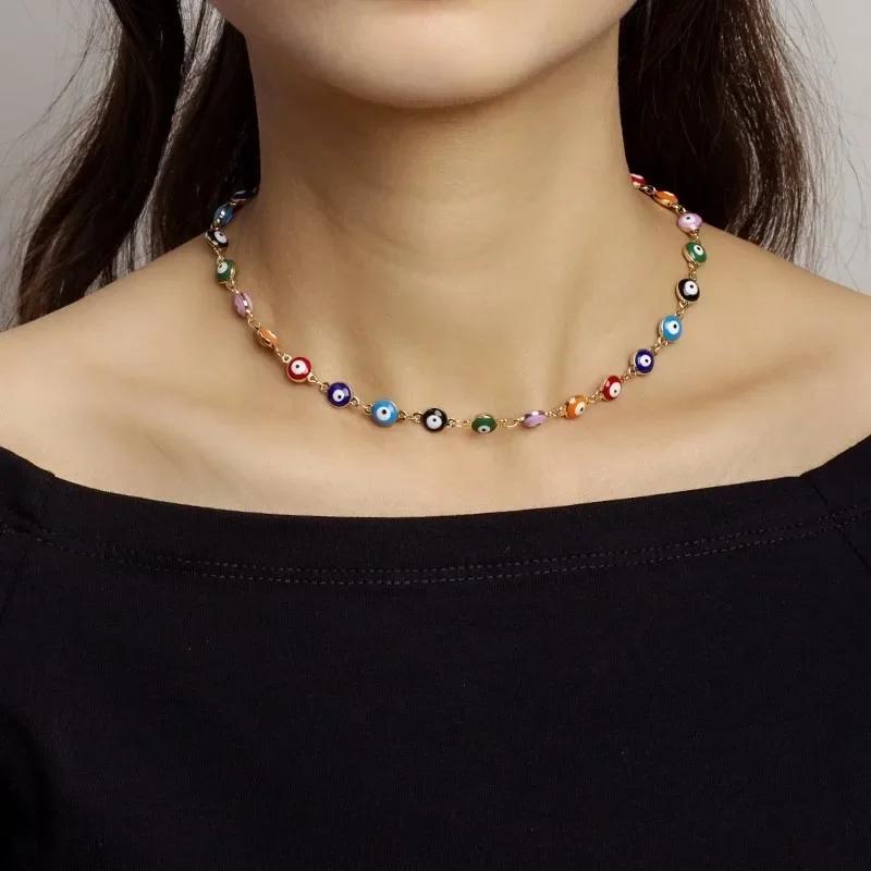 Persönlichkeits Türkis Blau Böser Blick Anhänger Halskette für Damen Charme Gold Farbe Edelstahl Kette Choker Glücksbringer Schmuck Geschenke