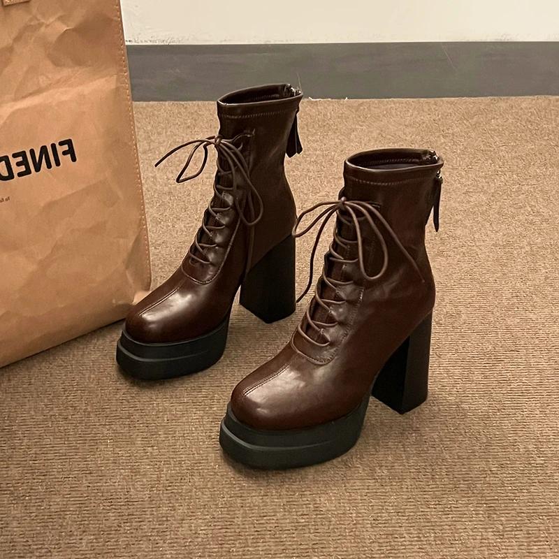 

Fashion Vintage High Heel Women Modern Ankle Boots Fashion Platform Short Booties Concise Dancing Party Prom Shoes 39 коричневый