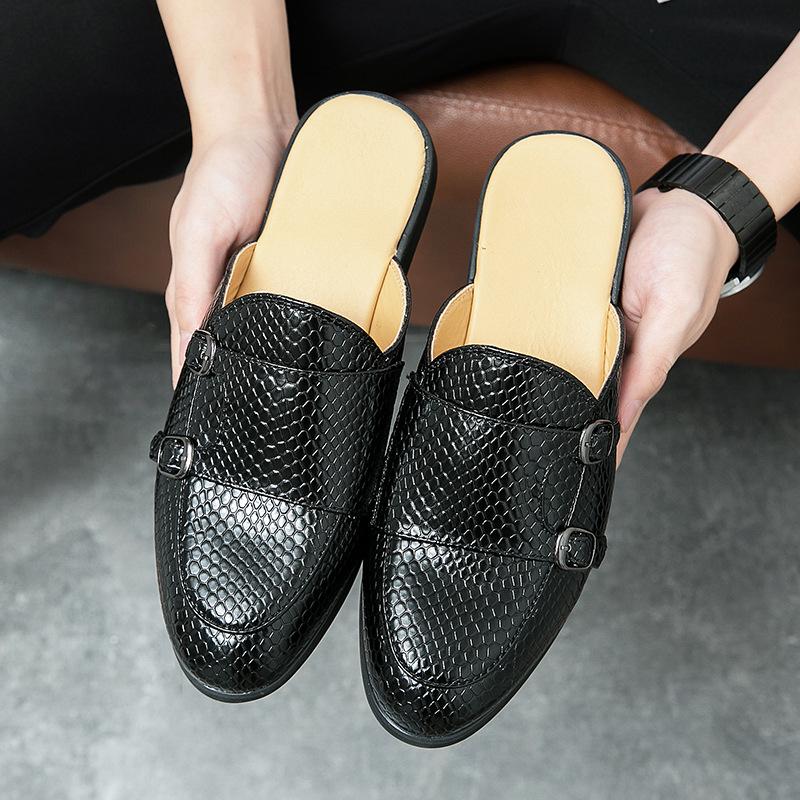 Men s Large Crocodile Embossed Leather Half-Slip Slippers - Korean Style, No Heel 43
