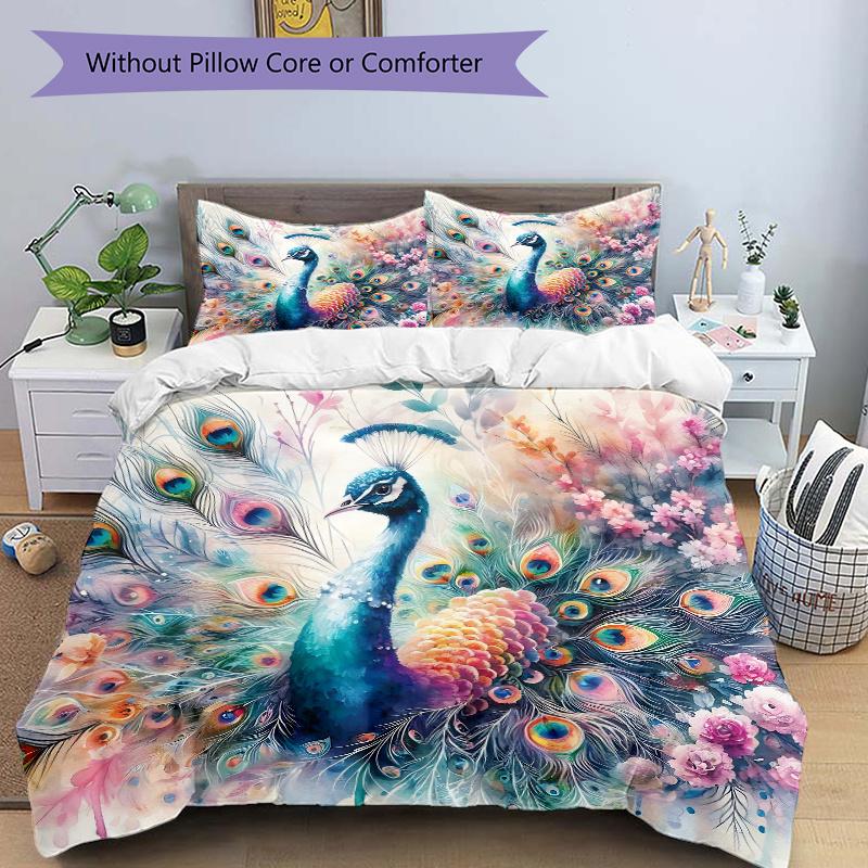 

3 шт. Цветной павлин с расправленными перьями среди цветов и красоты природы Комплект постельного белья из трех предметов (1 Пододеяльник + 2 Наволочки, Без F 135x200cm