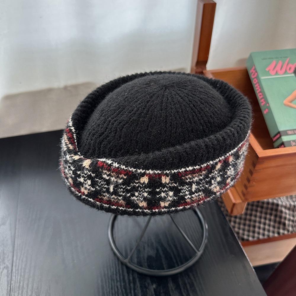 Elegant Fair Isle Pattern Pillbox Hat Jacquard Fedora Hat Fashion Knitted Beret Hat Performances