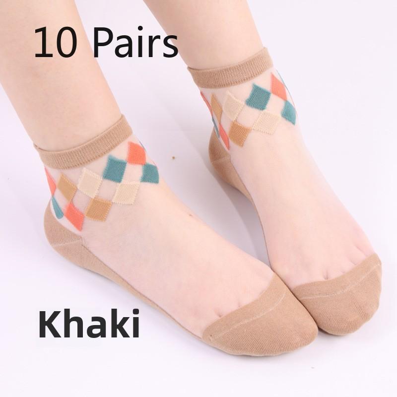 10 Pairs Women's Spring/summer Casual Argyle Flower Glass Silk Mid-tube Women's Socks Boneless Hand Sewn Crystal Silk Socks