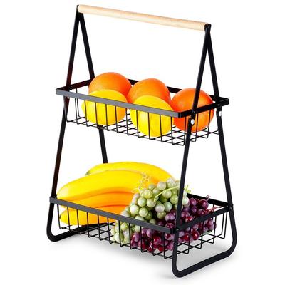 Two-Tier Basket Fruit Vegetables Metal Black Platter Stand