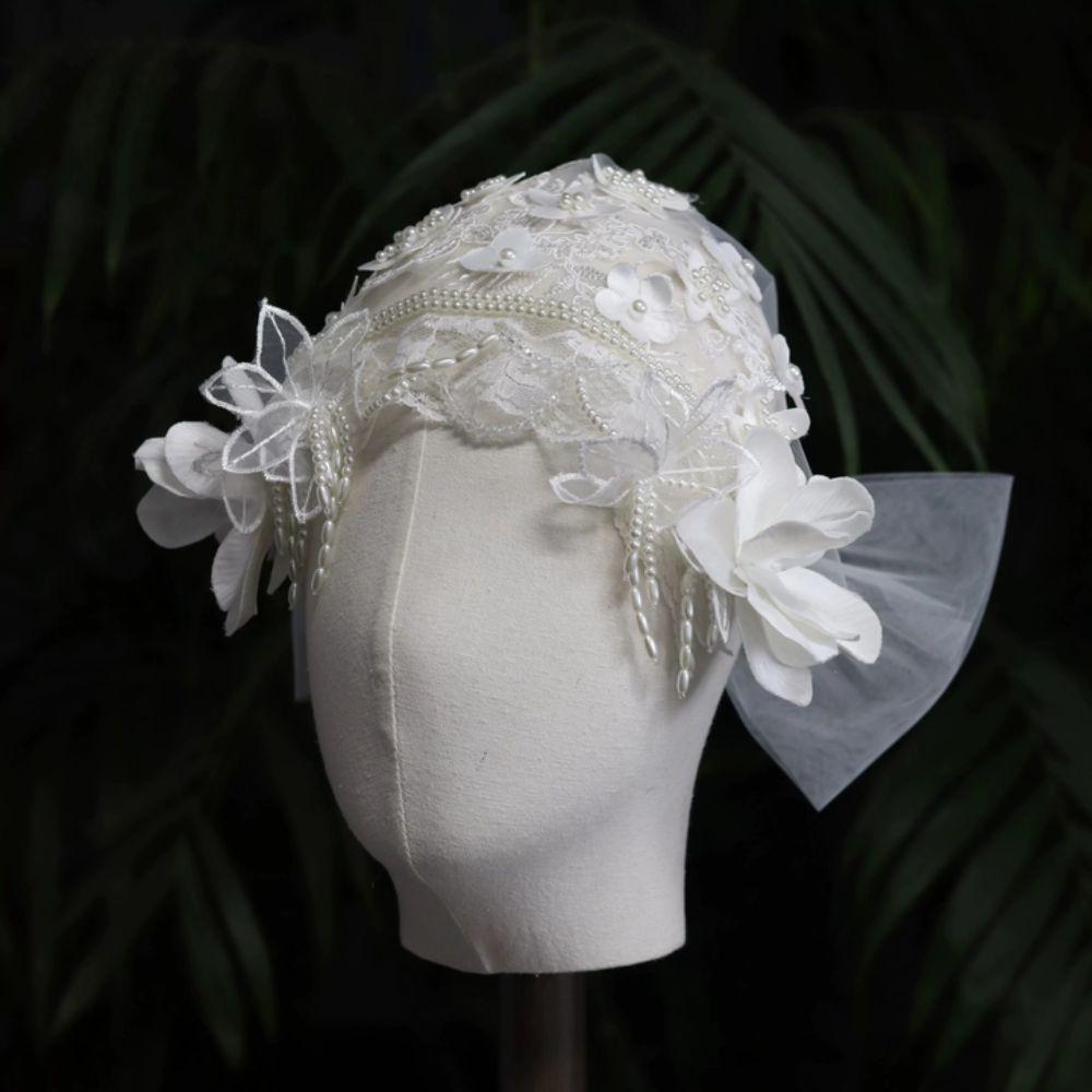 White Bride Headdress Pearls Beads Wedding Headwear Retro Bridal Hat  Headpieces