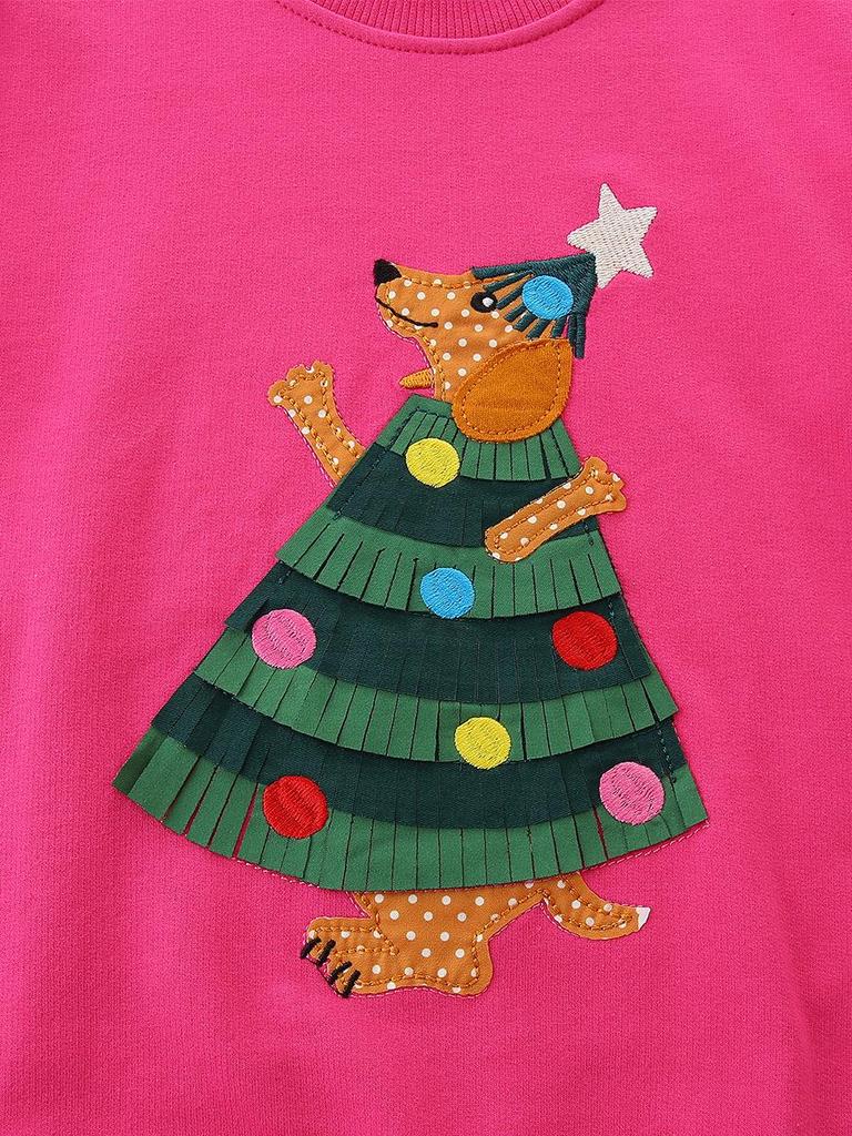 Girls' Christmas Print Knitted Cotton Hoodie - Autumn Style, European & American Design, Long Sleeve, Round Neck.