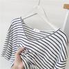 Women's Light Blue Striped V-Neck Bamboo Cotton Short-Sleeve T-Shirt - Loose Fit, Slightly Transparent