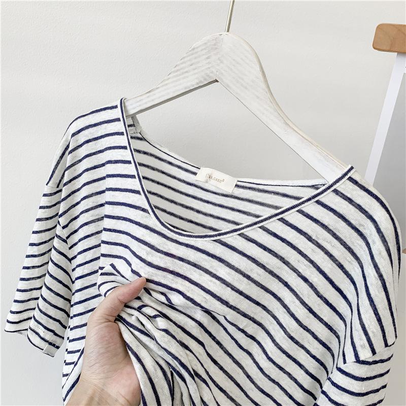Women's Light Blue Striped V-Neck Bamboo Cotton Short-Sleeve T-Shirt - Loose Fit, Slightly Transparent