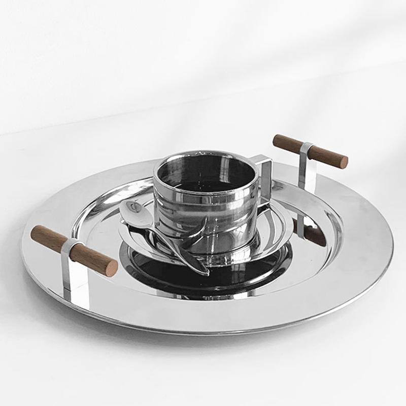 1PC Electroplating Color Decoration Stainless Steel Scandinavian Storage Round Tray Ins Wind Round Tray Wooden Handle