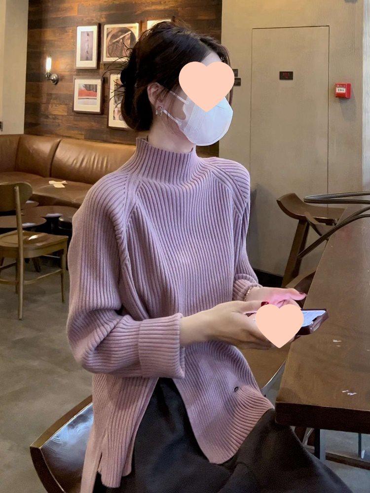 Women's Purple Ribbed Knit Semi-High Neck Sweater with Hem Side Slit - Slimming Spring/Summer Fashion Top