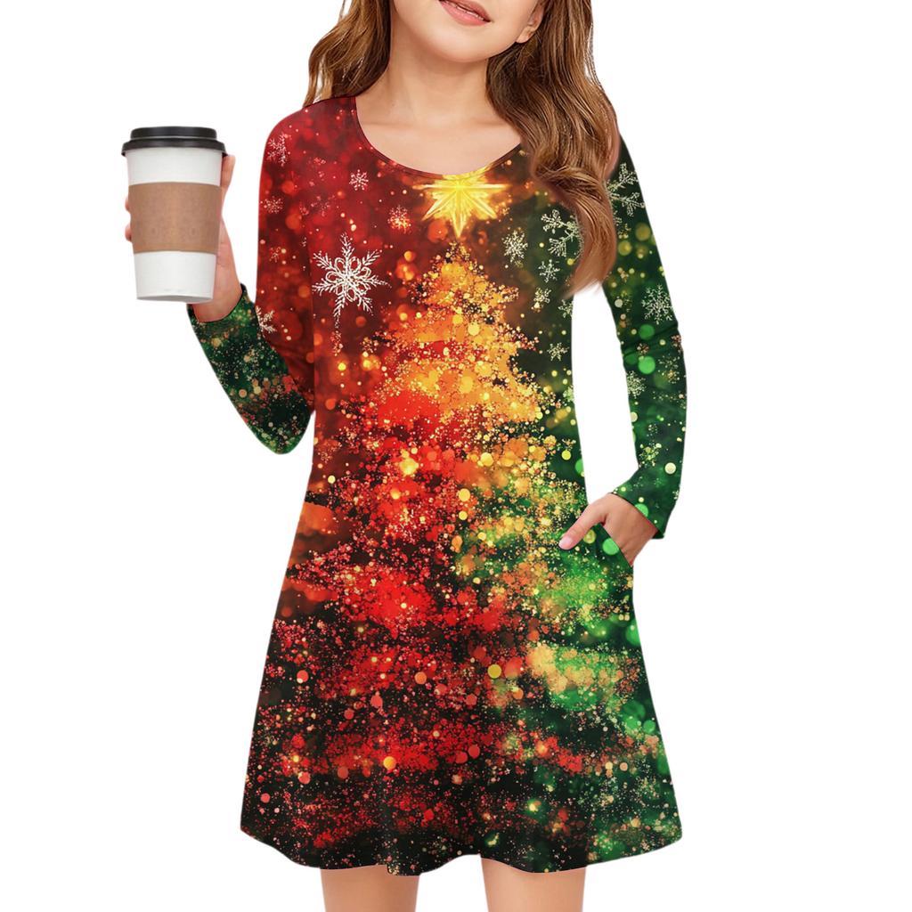 Christmas Day Girls' Long Sleeve Dress - Color Pocket Dress