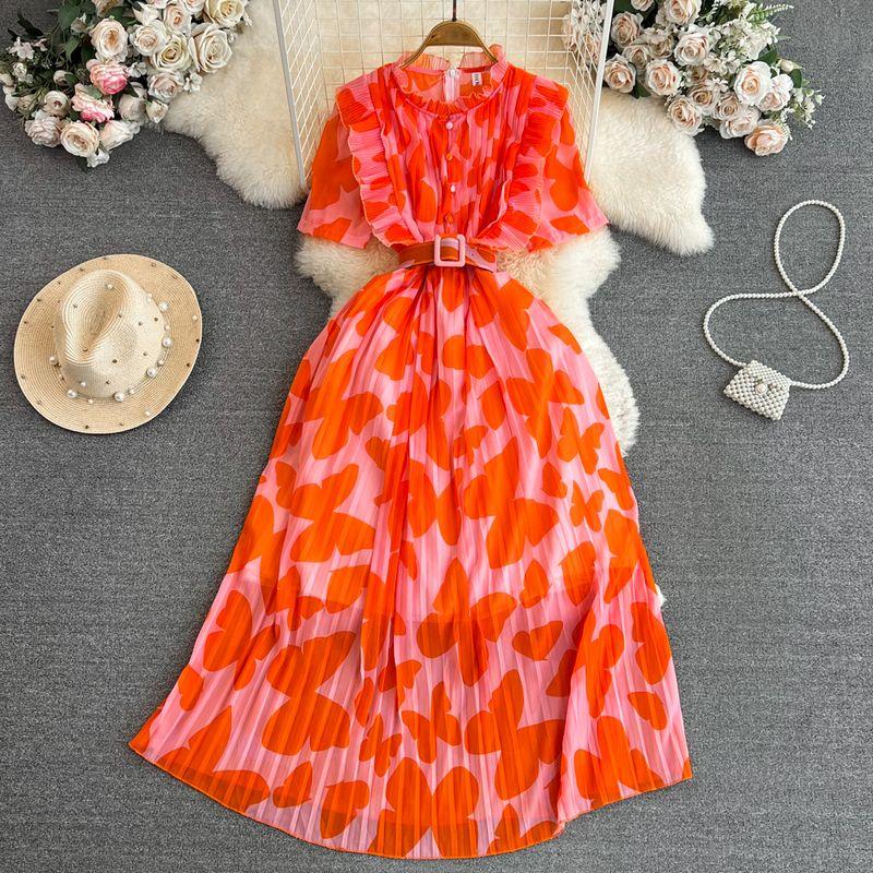 Accessible Luxury Stand Collar A- line Printed Dress Elegant Short Sleeve