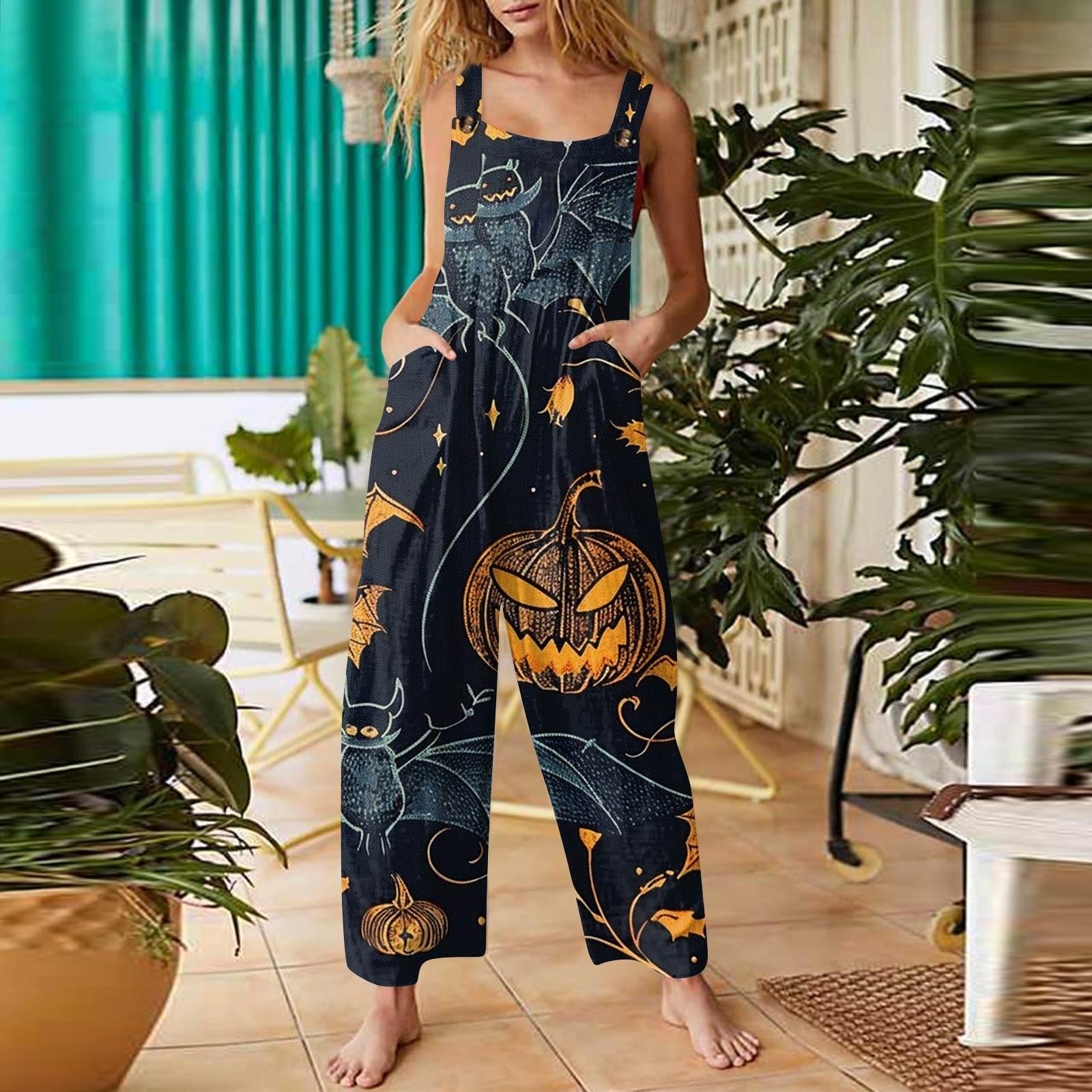 

Women s Fashion Halloween Print Casual Vintage Sleeveless Button Jumpsuit XL