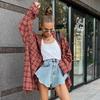 American Retro Brick Red Scottish Plaid Loose Shirt Autumn New European and American Plaid Shirt Women's Clothing