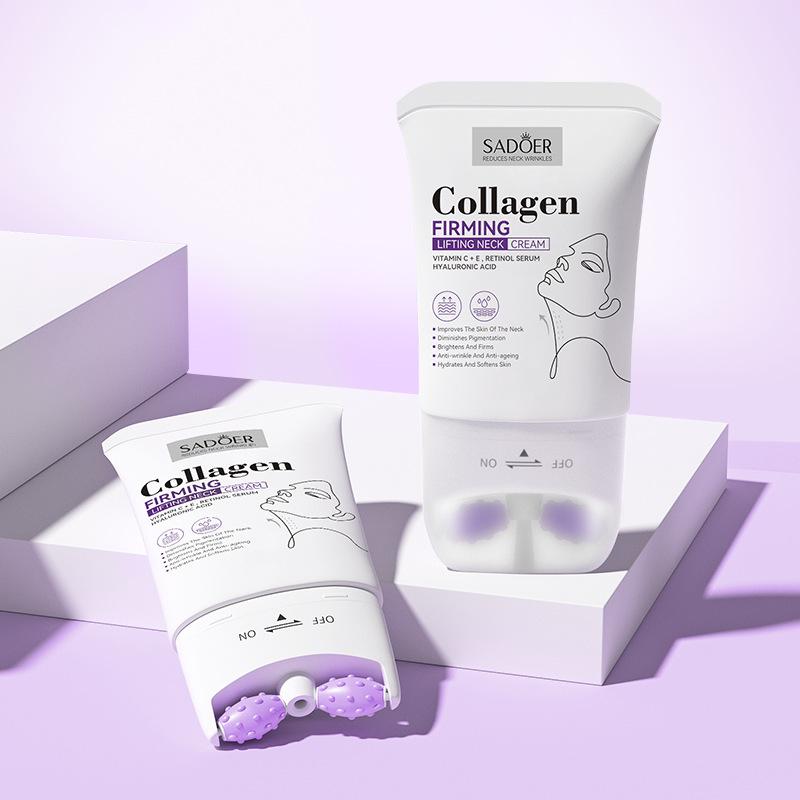 Sadoer 110ml Crème Raffermissante Neck Cream au Collagène Lifting Hydratante Éclaircissante Rouleau de Massage Crème Beauté Cou Soins de la Peau du Cou